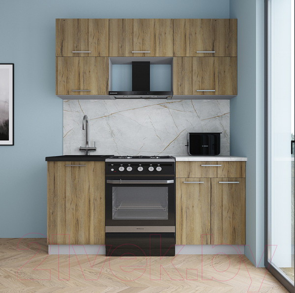 Изображение товара Кухонный гарнитур Интерлиния Мила Gloss 60-17 (дуб вотан/дуб вотан/травертин серый)