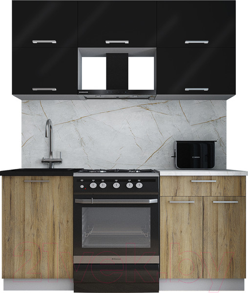 Изображение товара Кухонный гарнитур Интерлиния Мила Gloss 60-17 (черный глянец/дуб вотан/травертин серый)