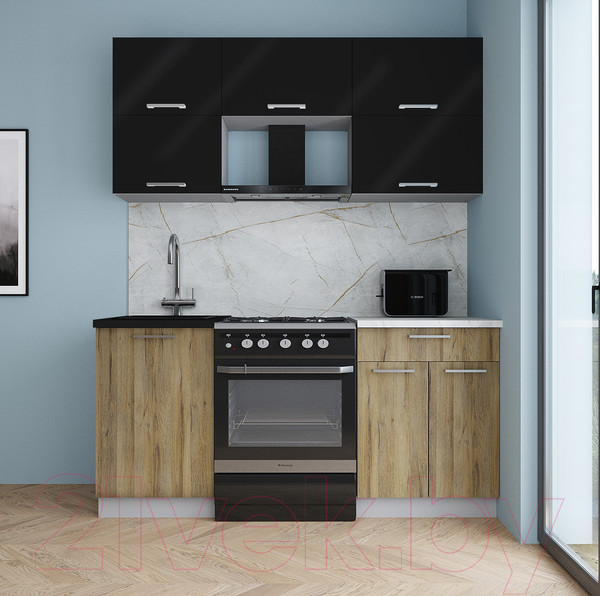 Изображение товара Кухонный гарнитур Интерлиния Мила Gloss 60-17 (черный глянец/дуб вотан/травертин серый)