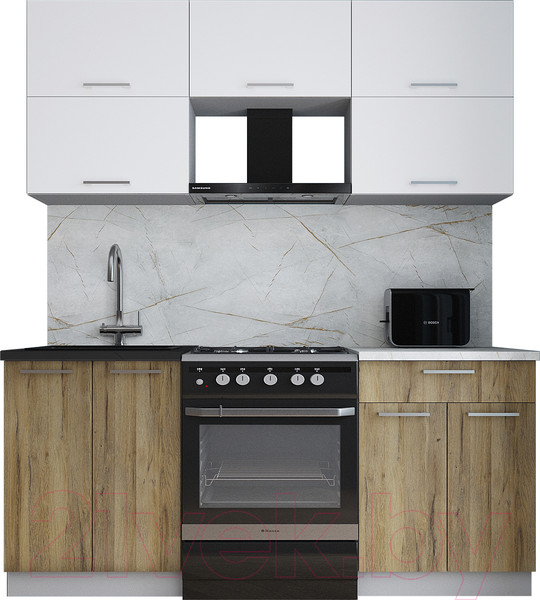 Изображение товара Кухонный гарнитур Интерлиния Мила Gloss 60-18 (белый/дуб вотан/травертин серый)