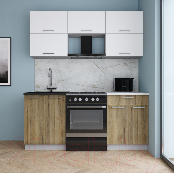 Изображение товара Кухонный гарнитур Интерлиния Мила Gloss 60-18 (белый/дуб вотан/травертин серый)