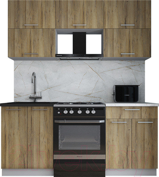 Изображение товара Кухонный гарнитур Интерлиния Мила Gloss 60-18 (дуб вотан/дуб вотан/травертин серый)