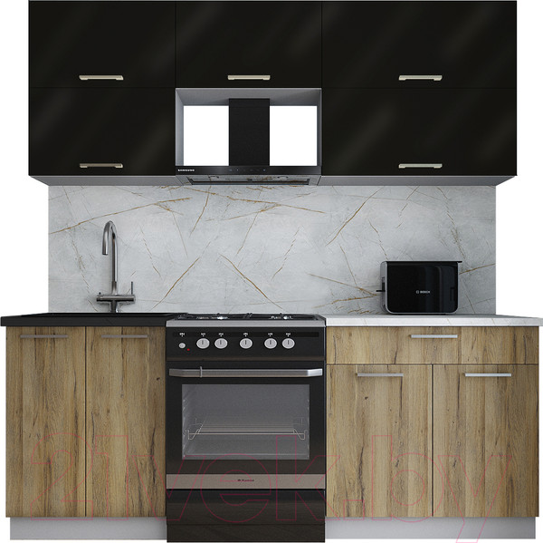 Изображение товара Кухонный гарнитур Интерлиния Мила Gloss 60-20 (черный глянец/дуб вотан/травертин серый)