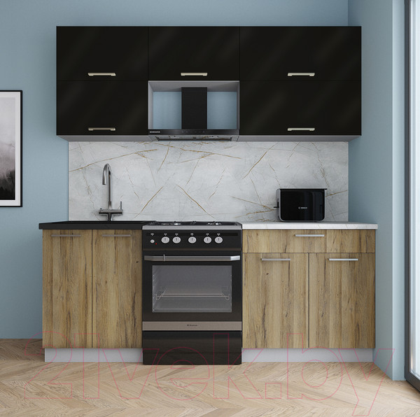 Изображение товара Кухонный гарнитур Интерлиния Мила Gloss 60-20 (черный глянец/дуб вотан/травертин серый)