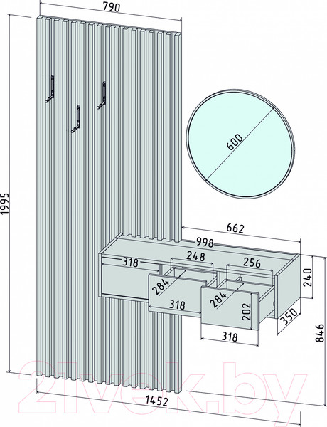 Изображение товара Секция в прихожую Интерлиния Lagom-2 LG-P (белый платинум/дуб золотой)