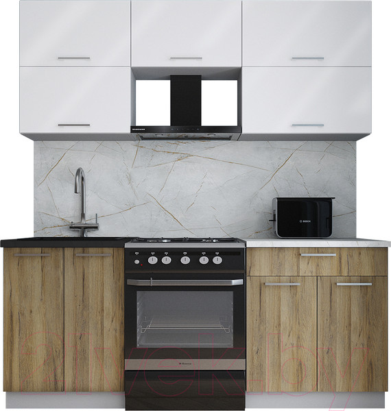 Изображение товара Кухонный гарнитур Интерлиния Мила Gloss 60-19 (белый глянец/дуб вотан/травертин серый)