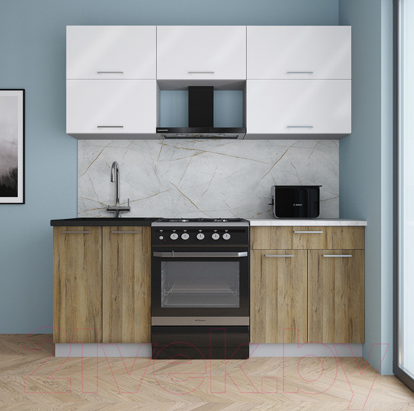 Изображение товара Кухонный гарнитур Интерлиния Мила Gloss 60-19 (белый глянец/дуб вотан/травертин серый)