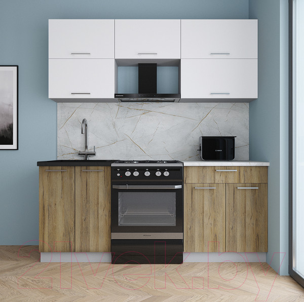 Изображение товара Кухонный гарнитур Интерлиния Мила Gloss 60-19 (белый/дуб вотан/травертин серый)