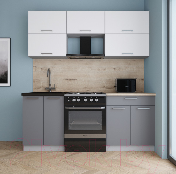 Изображение товара Кухонный гарнитур Интерлиния Мила Gloss 60-19 (белый/серый/травертин серый)