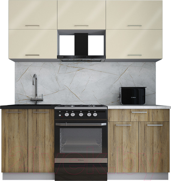 Изображение товара Кухонный гарнитур Интерлиния Мила Gloss 60-19 (ваниль глянец/дуб вотан/травертин серый)