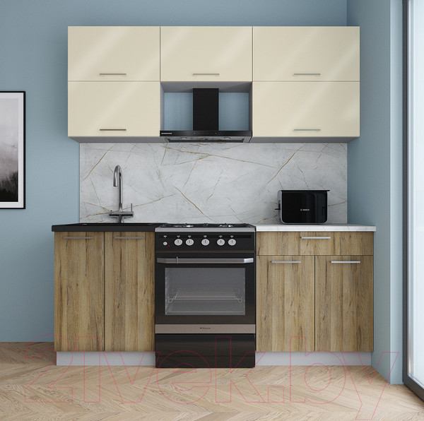 Изображение товара Кухонный гарнитур Интерлиния Мила Gloss 60-19 (ваниль глянец/дуб вотан/травертин серый)