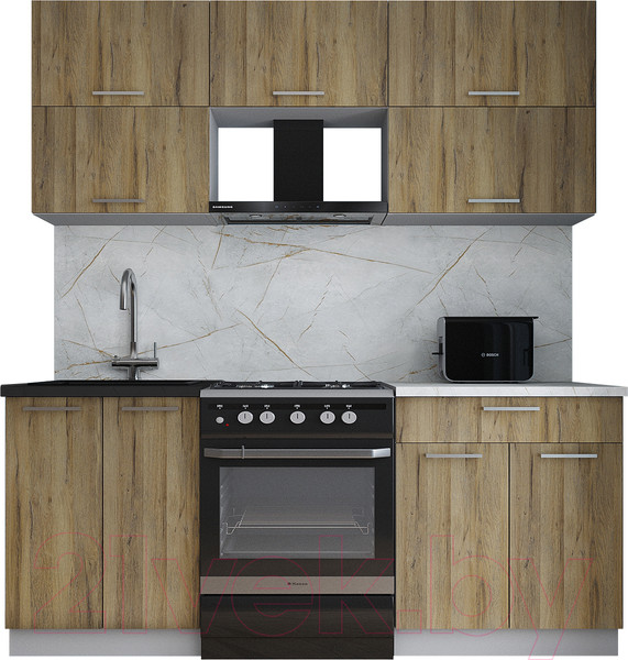 Изображение товара Кухонный гарнитур Интерлиния Мила Gloss 60-19 (дуб вотан/дуб вотан/травертин серый)