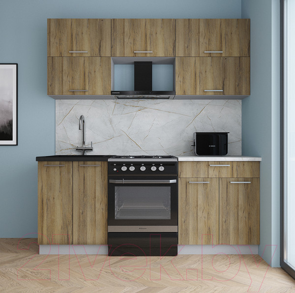 Изображение товара Кухонный гарнитур Интерлиния Мила Gloss 60-19 (дуб вотан/дуб вотан/травертин серый)