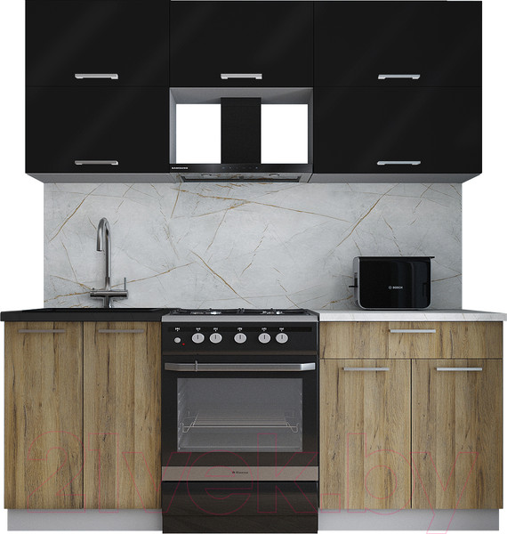 Изображение товара Кухонный гарнитур Интерлиния Мила Gloss 60-19 (черный глянец/дуб вотан/травертин серый)