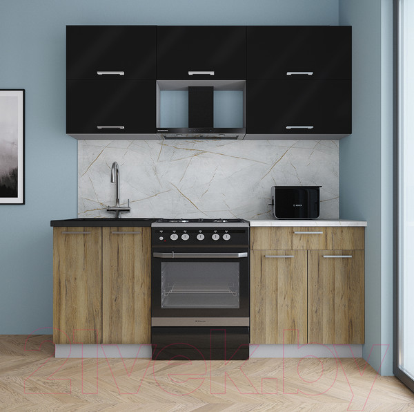 Изображение товара Кухонный гарнитур Интерлиния Мила Gloss 60-19 (черный глянец/дуб вотан/травертин серый)