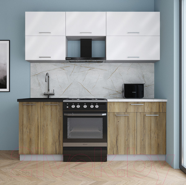 Изображение товара Кухонный гарнитур Интерлиния Мила Gloss 60-20 (белый глянец/дуб вотан/травертин серый)