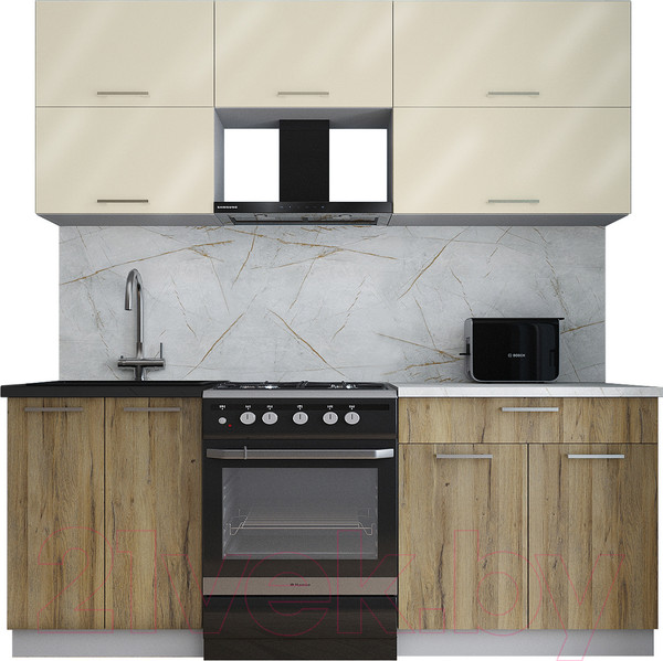 Изображение товара Кухонный гарнитур Интерлиния Мила Gloss 60-20 (ваниль глянец/дуб вотан/травертин серый)