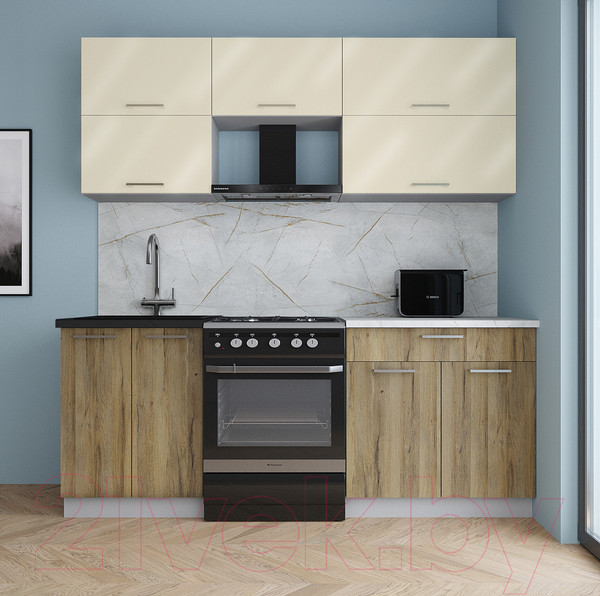 Изображение товара Кухонный гарнитур Интерлиния Мила Gloss 60-20 (ваниль глянец/дуб вотан/травертин серый)