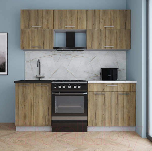 Изображение товара Кухонный гарнитур Интерлиния Мила Gloss 60-20 (дуб вотан/дуб вотан/травертин серый)