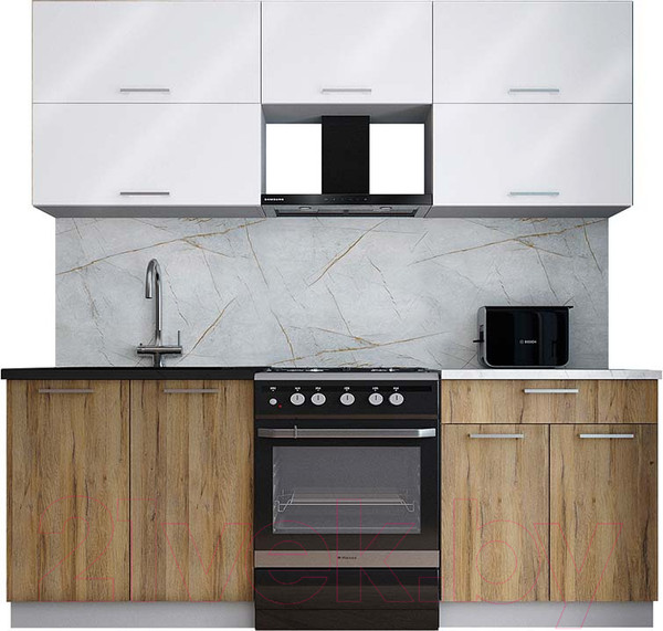 Изображение товара Кухонный гарнитур Интерлиния Мила Gloss 60-21 (белый глянец/дуб вотан/травертин серый)