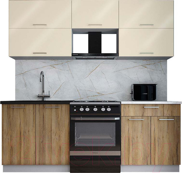 Изображение товара Кухонный гарнитур Интерлиния Мила Gloss 60-21 (ваниль глянец/дуб вотан/травертин серый)