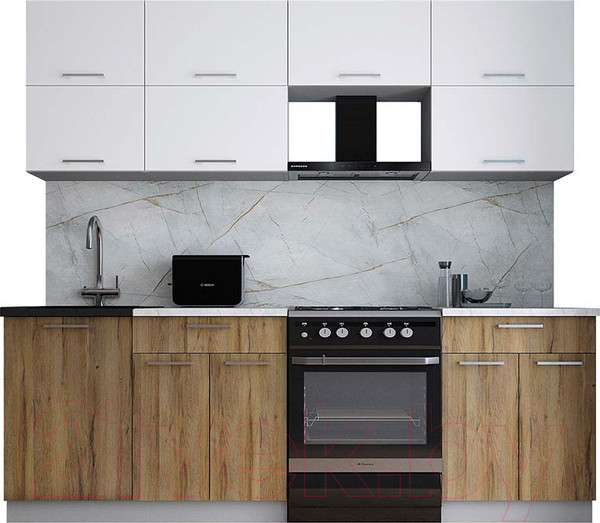 Изображение товара Кухонный гарнитур Интерлиния Мила Gloss 60-23 (белый/дуб вотан/травертин серый)