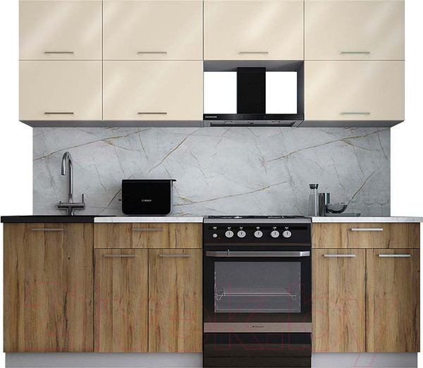 Изображение товара Кухонный гарнитур Интерлиния Мила Gloss 60-23 (ваниль глянец/дуб вотан/травертин серый)