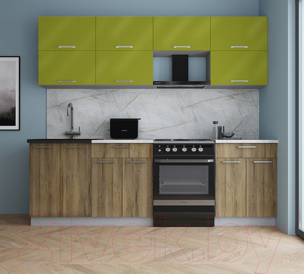 Изображение товара Кухонный гарнитур Интерлиния Мила Gloss 60-24 (яблоко глянец/дуб вотан/травертин серый)