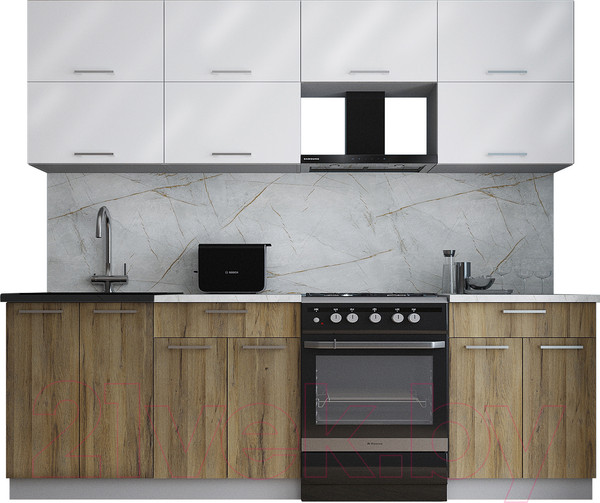 Изображение товара Кухонный гарнитур Интерлиния Мила Gloss 60-24 (белый глянец/дуб вотан/травертин серый)