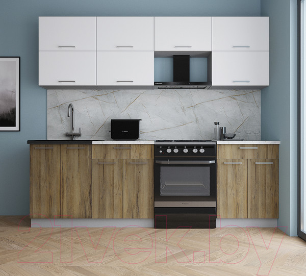 Изображение товара Кухонный гарнитур Интерлиния Мила Gloss 60-24 (белый/дуб вотан/травертин серый)