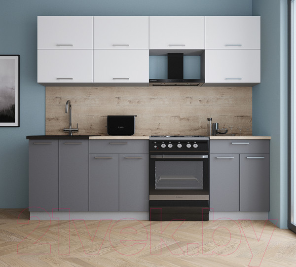 Изображение товара Кухонный гарнитур Интерлиния Мила Gloss 60-24 (белый/серый/травертин серый)