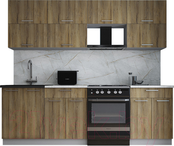 Изображение товара Кухонный гарнитур Интерлиния Мила Gloss 60-24 (дуб вотан/дуб вотан/травертин серый)