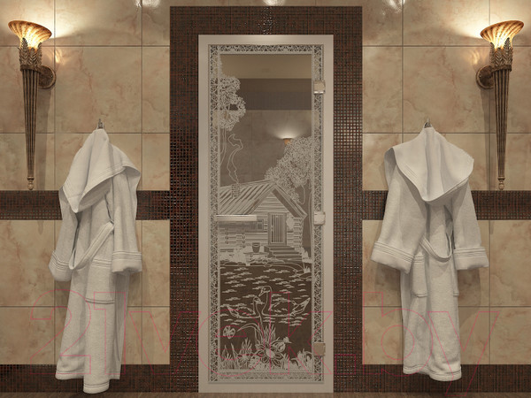 Изображение товара Стеклянная дверь для бани/сауны Doorwood Хамам Банька в лесу 80x200 / DW00585 (прозрачный)