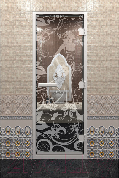 Изображение товара Стеклянная дверь для бани/сауны Doorwood Хамам Девушка в цветах 80x200 / DW00290 (прозрачный)