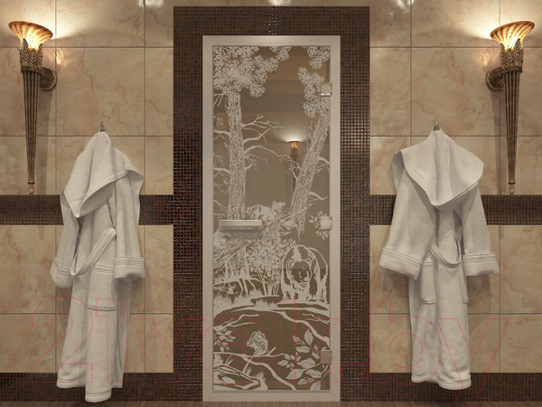 Изображение товара Стеклянная дверь для бани/сауны Doorwood Хамам Мишки 80x200 / DW00628 (бронза)