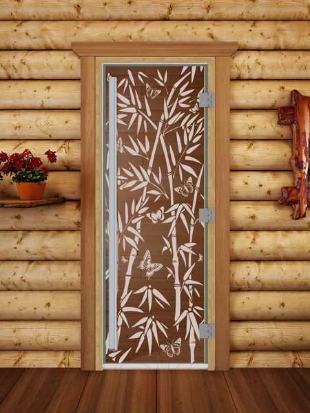 Изображение товара Стеклянная дверь для бани/сауны Doorwood Престиж Бамбук и бабочки 70x190 / DW02085 (бронза)