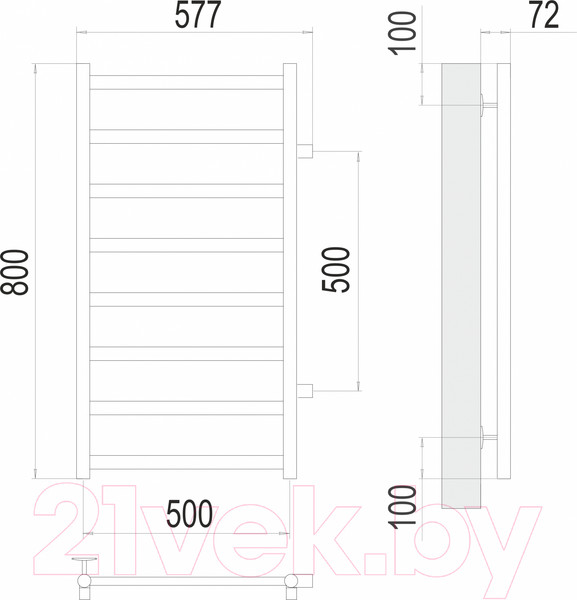 Изображение товара Полотенцесушитель водяной Terminus Аврора П8 500x800 (сатин, с боковым подключением 500)