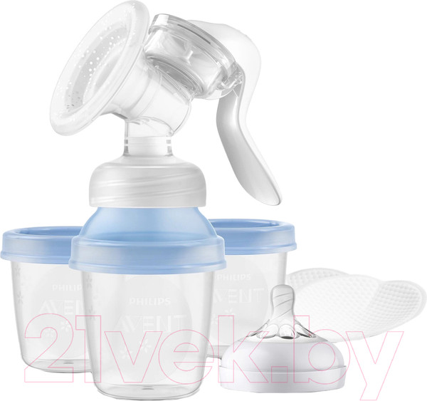 Изображение товара Молокоотсос ручной Philips AVENT С контейнерами и бутылочкой / F24001 (125мл)
