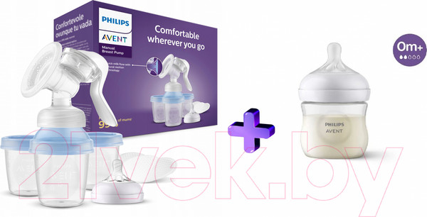 Изображение товара Молокоотсос ручной Philips AVENT С контейнерами и бутылочкой / F24001 (125мл)