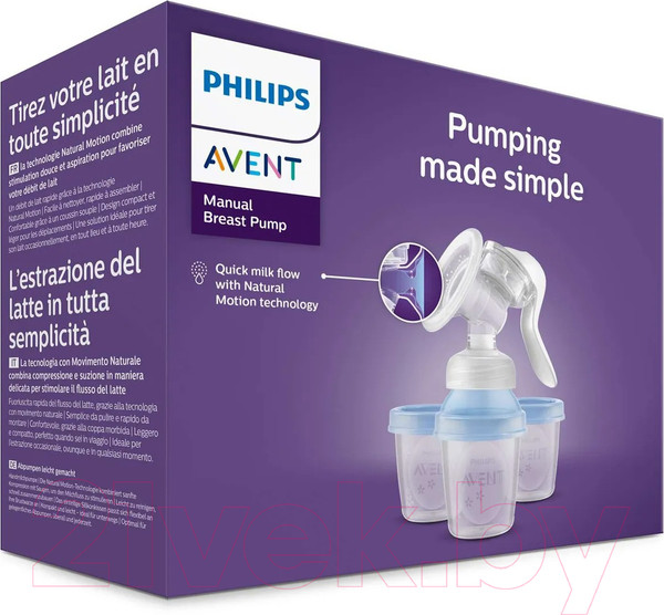 Изображение товара Молокоотсос ручной Philips AVENT С контейнерами и бутылочкой / F24001 (125мл)