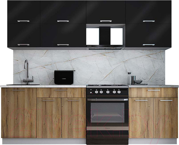 Изображение товара Кухонный гарнитур Интерлиния Мила Gloss 60-25 (черный глянец/дуб вотан/травертин серый)
