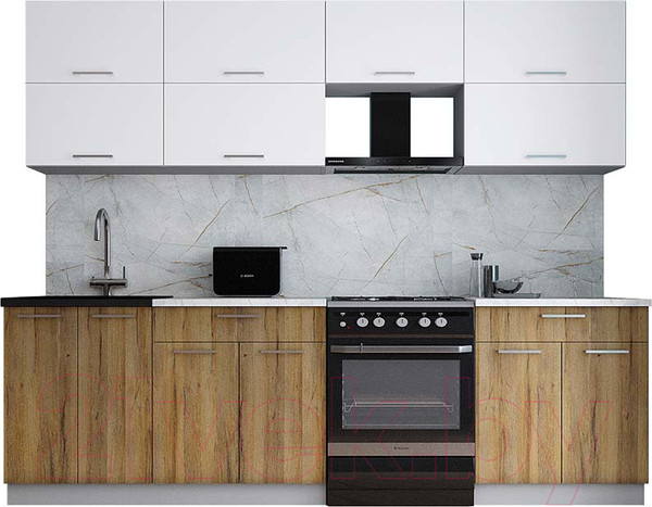 Изображение товара Кухонный гарнитур Интерлиния Мила Gloss 60-26 (белый/дуб вотан/травертин серый)