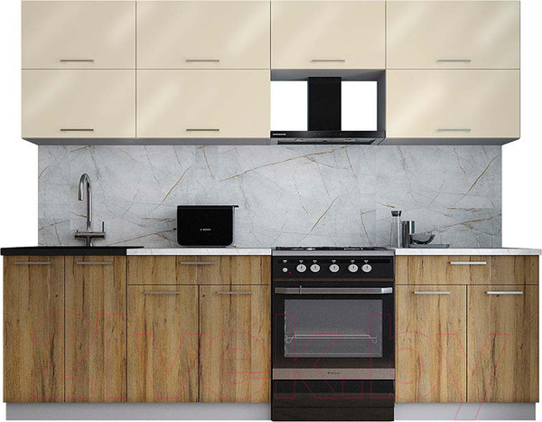 Изображение товара Кухонный гарнитур Интерлиния Мила Gloss 60-26 (ваниль глянец/дуб вотан/травертин серый)