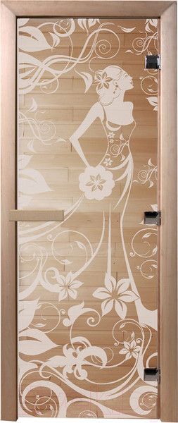 Изображение товара Стеклянная дверь для бани/сауны Doorwood Девушка в цветах 80x200 / DW01059 (сатин)