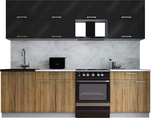 Изображение товара Кухонный гарнитур Интерлиния Мила Gloss 60-26 (черный глянец/дуб вотан/травертин серый)