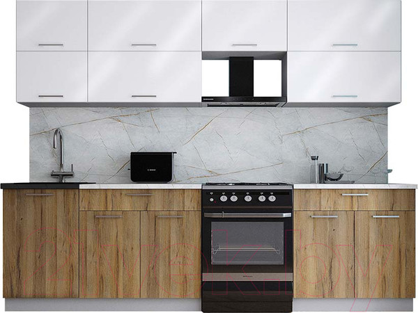 Изображение товара Кухонный гарнитур Интерлиния Мила Gloss 60-27 (белый глянец/дуб вотан/травертин серый)