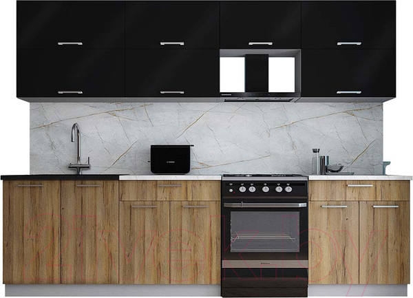 Изображение товара Кухонный гарнитур Интерлиния Мила Gloss 60-28 (черный глянец/дуб вотан/травертин серый)