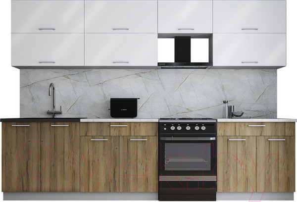 Изображение товара Кухонный гарнитур Интерлиния Мила Gloss 60-30 (белый глянец/дуб вотан/травертин серый)