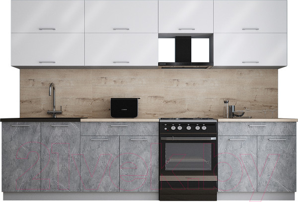 Изображение товара Кухонный гарнитур Интерлиния Мила Gloss 60-30 (белый глянец/керамика/травертин серый)