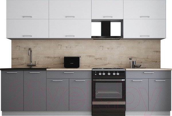 Изображение товара Кухонный гарнитур Интерлиния Мила Gloss 60-30 (белый/серый/травертин серый)